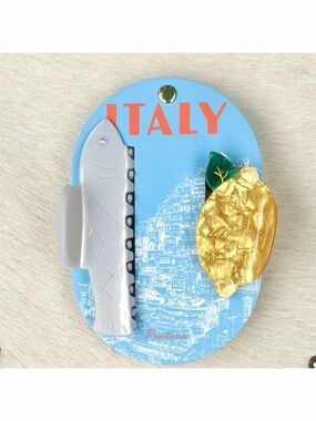 Italy Theme Hair Clip Set 2-pc Anchovy + Lemon Acrylic Italian Novelty Gift Y2K